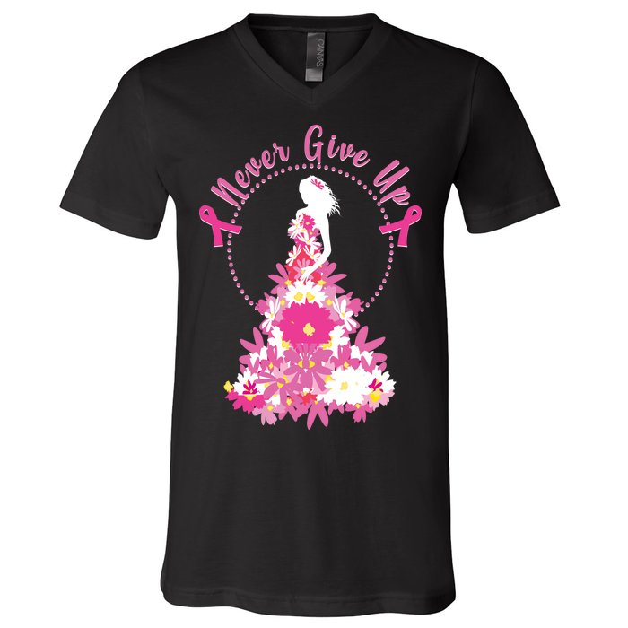 Never Give Up Breast Cancer Awareness Floral V-Neck T-Shirt