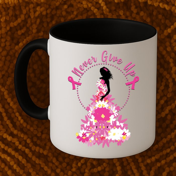 Never Give Up Breast Cancer Awareness Floral Mug