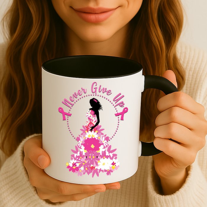 Never Give Up Breast Cancer Awareness Floral Mug