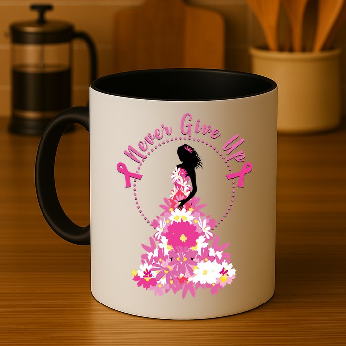 Never Give Up Breast Cancer Awareness Floral Mug