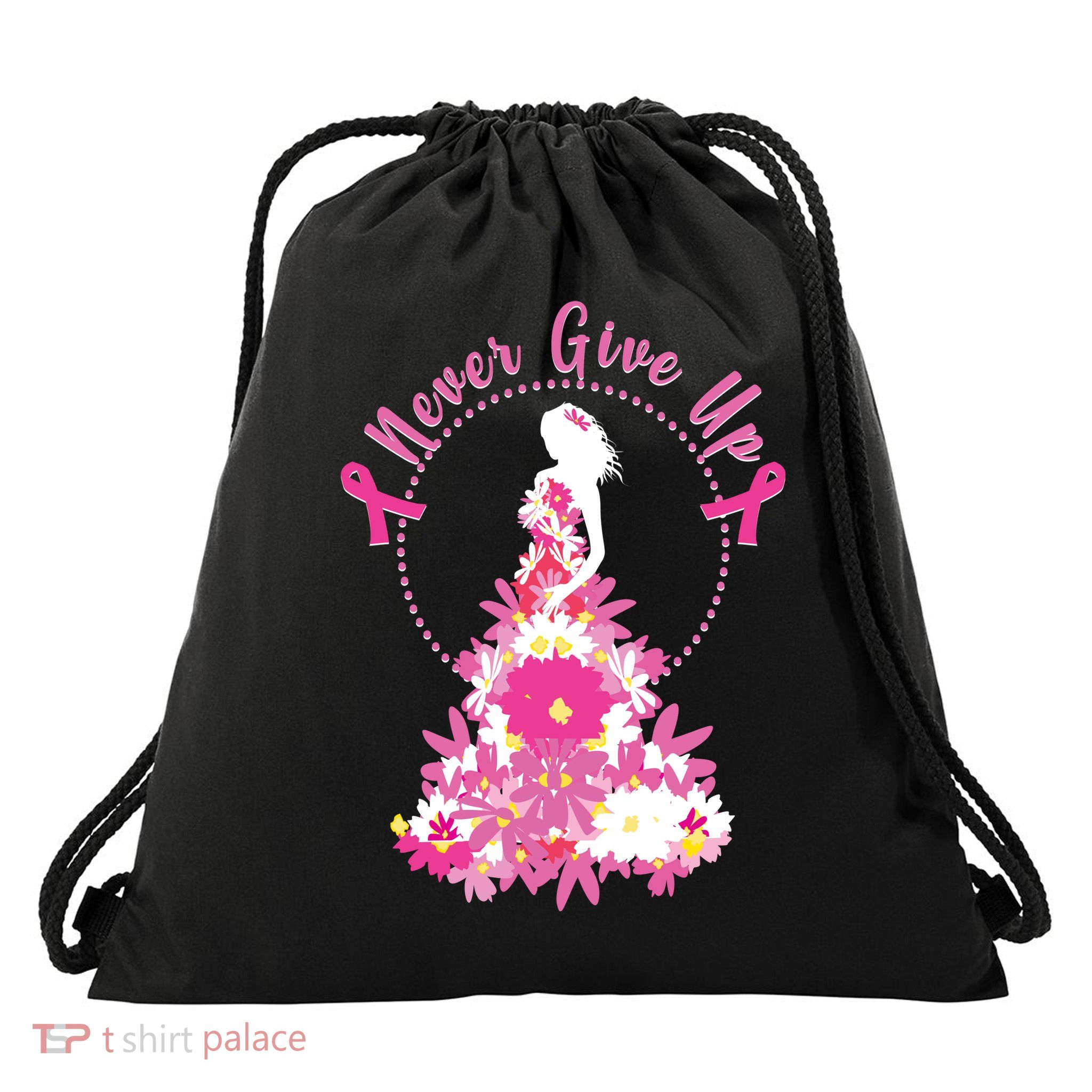 Never Give Up Breast Cancer Awareness Floral Drawstring Bag