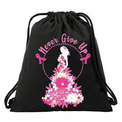 Never Give Up Breast Cancer Awareness Floral Drawstring Bag