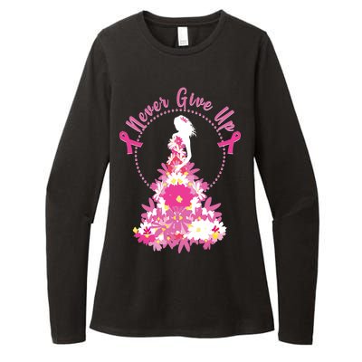 Never Give Up Breast Cancer Awareness Floral Womens CVC Long Sleeve Shirt