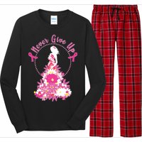 Never Give Up Breast Cancer Awareness Floral Long Sleeve Pajama Set