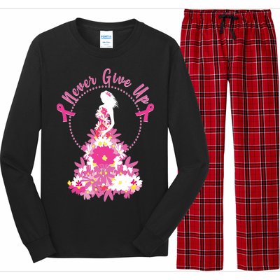 Never Give Up Breast Cancer Awareness Floral Long Sleeve Pajama Set