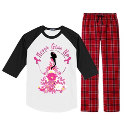 Never Give Up Breast Cancer Awareness Floral Raglan Sleeve Pajama Set