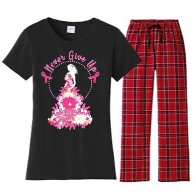 Never Give Up Breast Cancer Awareness Floral Women's Flannel Pajama Set