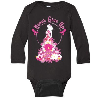 Never Give Up Breast Cancer Awareness Floral Baby Long Sleeve Bodysuit