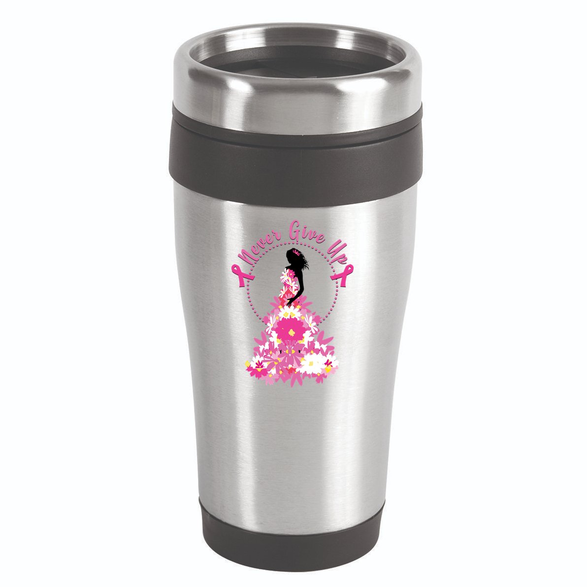Never Give Up Breast Cancer Awareness Floral 16oz Travel Tumbler