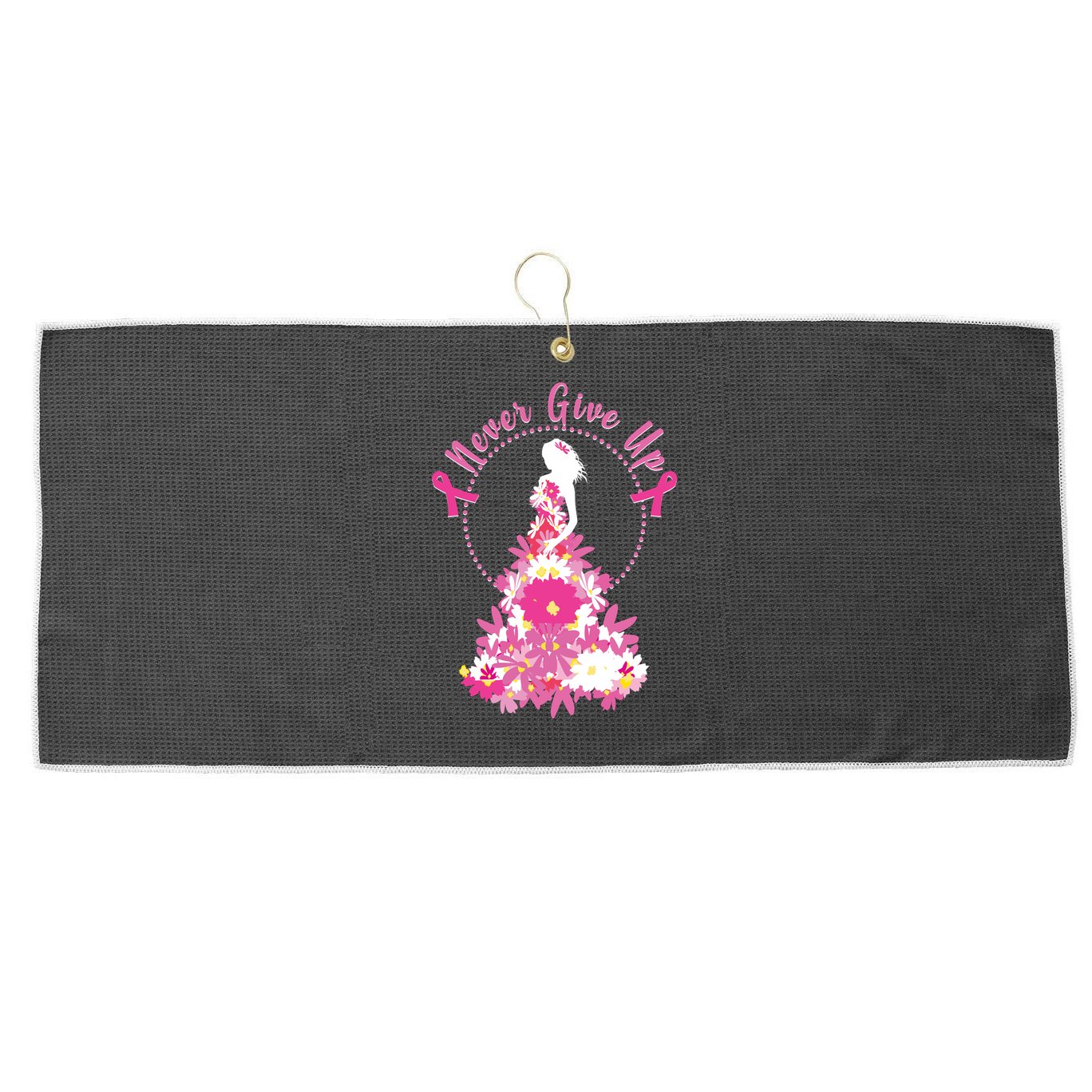 Never Give Up Breast Cancer Awareness Floral Large Microfiber Waffle Golf Towel