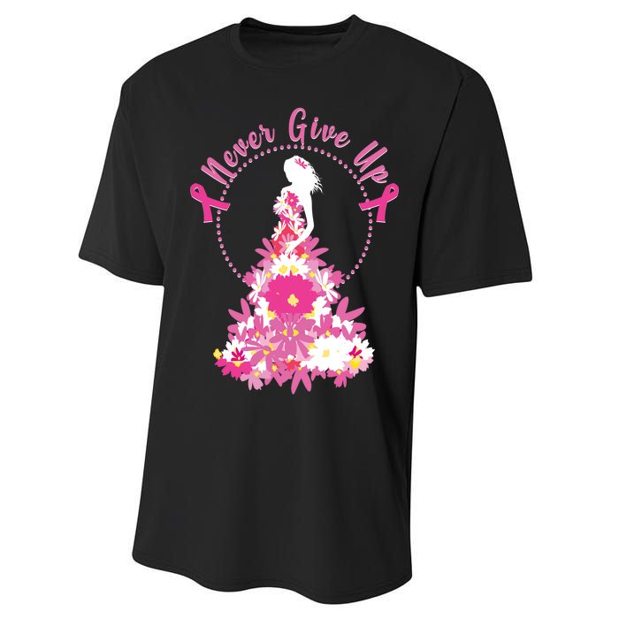 Never Give Up Breast Cancer Awareness Floral Performance Sprint T-Shirt