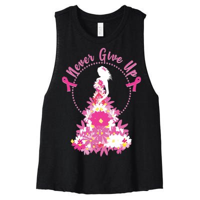 Never Give Up Breast Cancer Awareness Floral Women's Racerback Cropped Tank