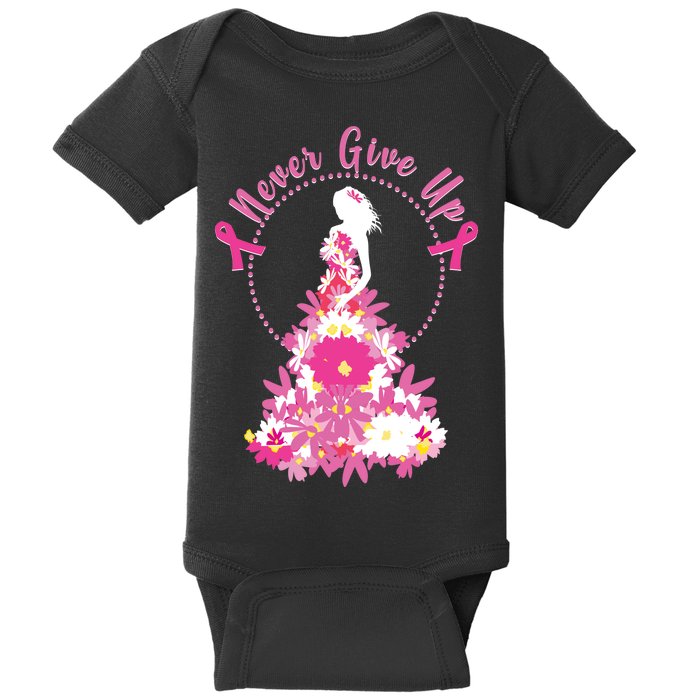 Never Give Up Breast Cancer Awareness Floral Baby Bodysuit