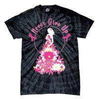 Never Give Up Breast Cancer Awareness Floral Tie-Dye T-Shirt