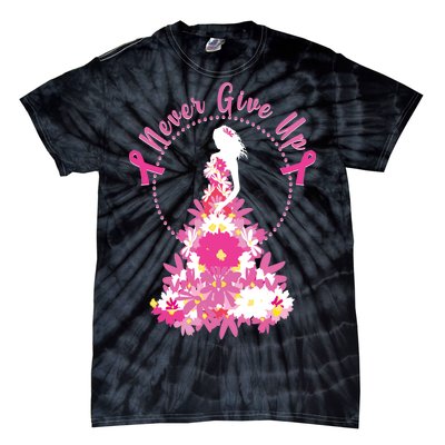 Never Give Up Breast Cancer Awareness Floral Tie-Dye T-Shirt