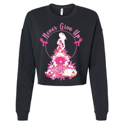 Never Give Up Breast Cancer Awareness Floral Cropped Pullover Crew