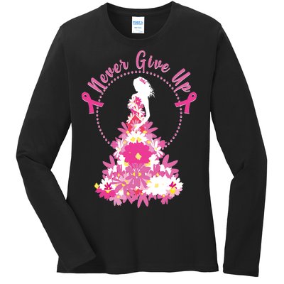 Never Give Up Breast Cancer Awareness Floral Ladies Long Sleeve Shirt