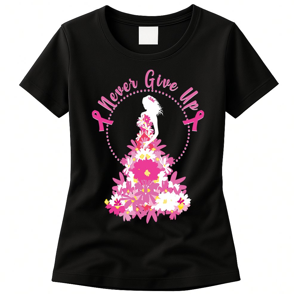 Never Give Up Breast Cancer Awareness Floral Womens T-Shirt