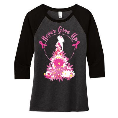 Never Give Up Breast Cancer Awareness Floral Women's Tri-Blend 3/4-Sleeve Raglan Shirt