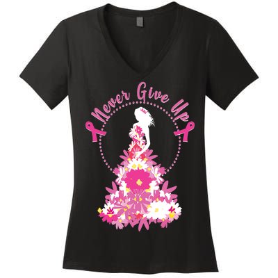 Never Give Up Breast Cancer Awareness Floral Women's V-Neck T-Shirt