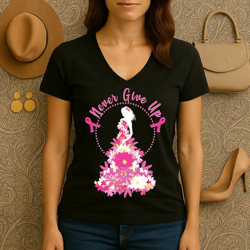 Never Give Up Breast Cancer Awareness Floral Women's V-Neck T-Shirt
