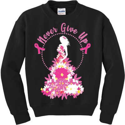 Never Give Up Breast Cancer Awareness Floral Kids Sweatshirt