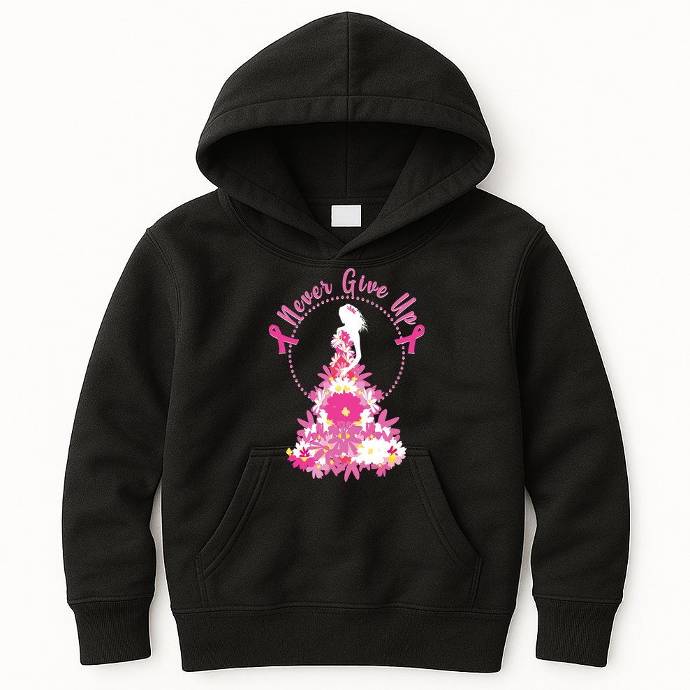 Never Give Up Breast Cancer Awareness Floral Kids Hoodie