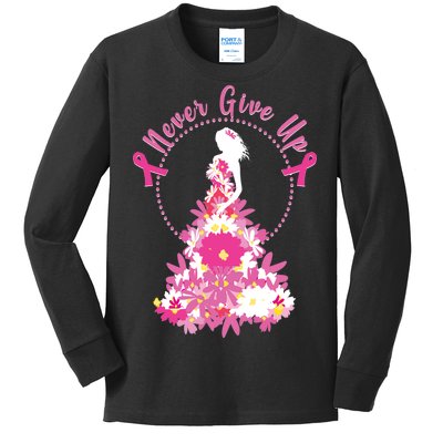 Never Give Up Breast Cancer Awareness Floral Kids Long Sleeve Shirt