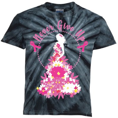 Never Give Up Breast Cancer Awareness Floral Kids Tie-Dye T-Shirt