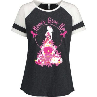 Never Give Up Breast Cancer Awareness Floral Enza Ladies Jersey Colorblock Tee