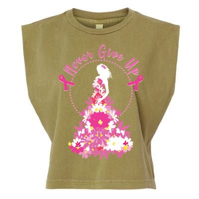 Never Give Up Breast Cancer Awareness Floral Garment-Dyed Women's Muscle Tee