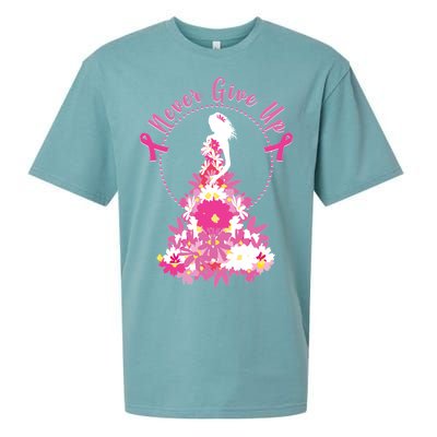 Never Give Up Breast Cancer Awareness Floral Sueded Cloud Jersey T-Shirt