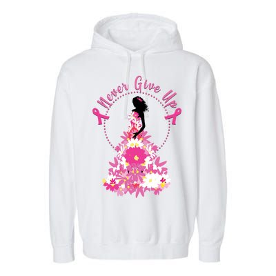 Never Give Up Breast Cancer Awareness Floral Garment-Dyed Fleece Hoodie