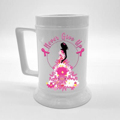 Never Give Up Breast Cancer Awareness Floral Beer Stein