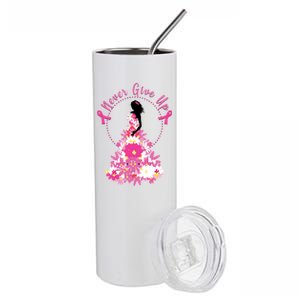 Never Give Up Breast Cancer Awareness Floral Stainless Steel Tumbler