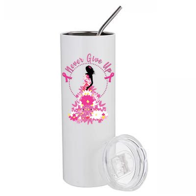 Never Give Up Breast Cancer Awareness Floral Stainless Steel Tumbler