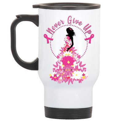 Never Give Up Breast Cancer Awareness Floral Stainless Steel Travel Mug