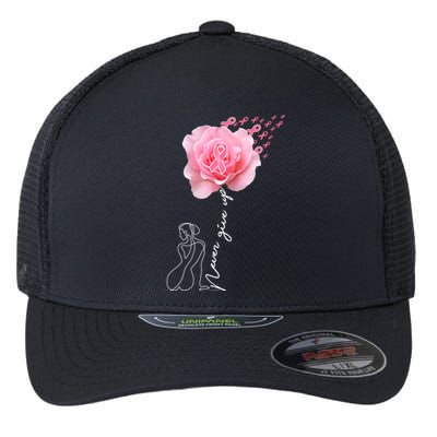 Never Give Up Breast Cancer Rose Flexfit Unipanel Trucker Cap