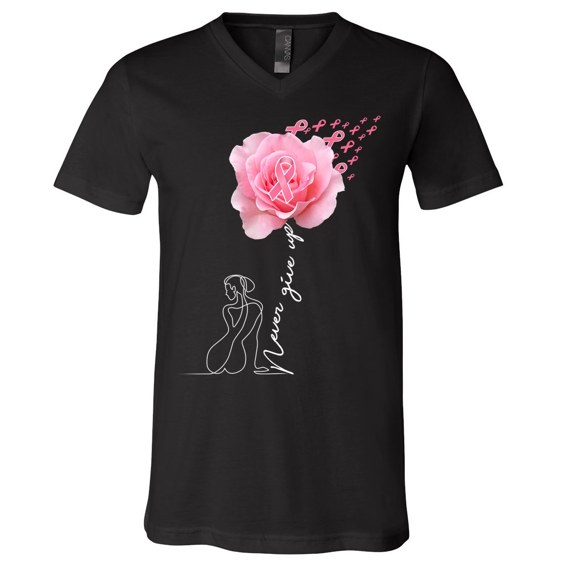 Never Give Up Breast Cancer Rose V-Neck T-Shirt