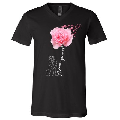 Never Give Up Breast Cancer Rose V-Neck T-Shirt