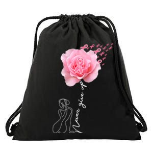 Never Give Up Breast Cancer Rose Drawstring Bag