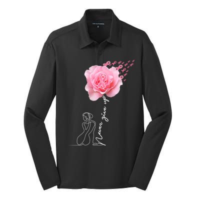 Never Give Up Breast Cancer Rose Silk Touch Performance Long Sleeve Polo