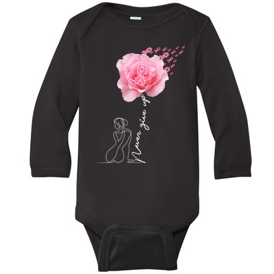 Never Give Up Breast Cancer Rose Baby Long Sleeve Bodysuit