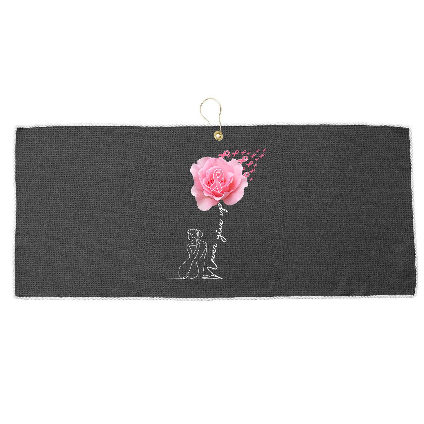Never Give Up Breast Cancer Rose Large Microfiber Waffle Golf Towel