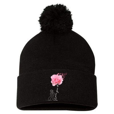 Never Give Up Breast Cancer Rose Pom Pom 12in Knit Beanie