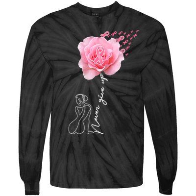 Never Give Up Breast Cancer Rose Tie-Dye Long Sleeve Shirt