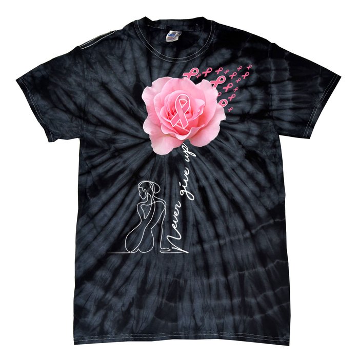 Never Give Up Breast Cancer Rose Tie-Dye T-Shirt