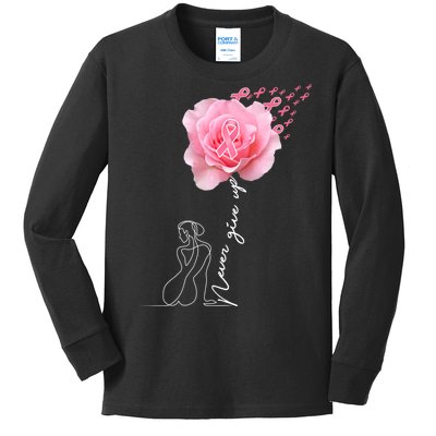 Never Give Up Breast Cancer Rose Kids Long Sleeve Shirt