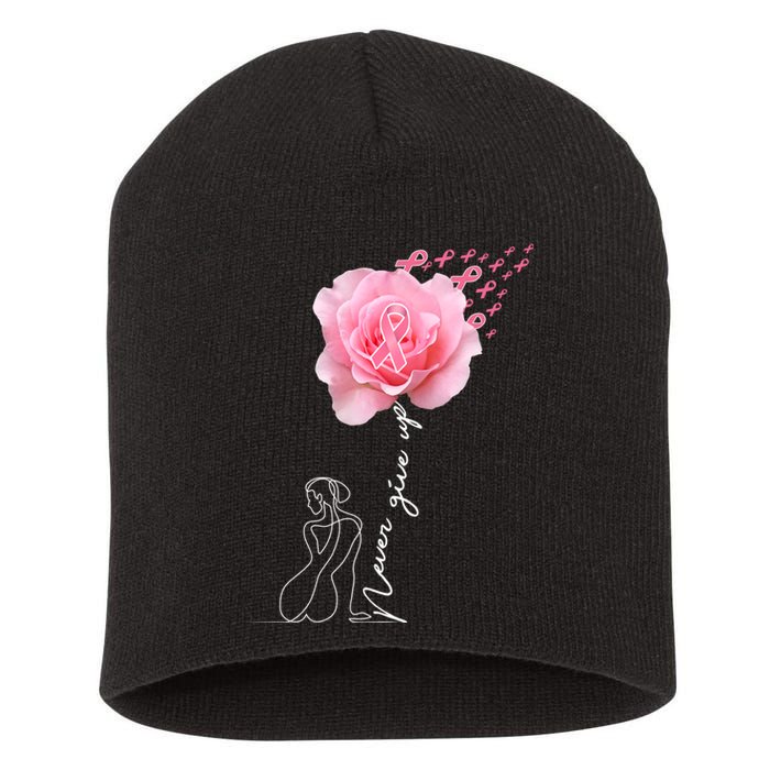 Never Give Up Breast Cancer Rose Short Acrylic Beanie