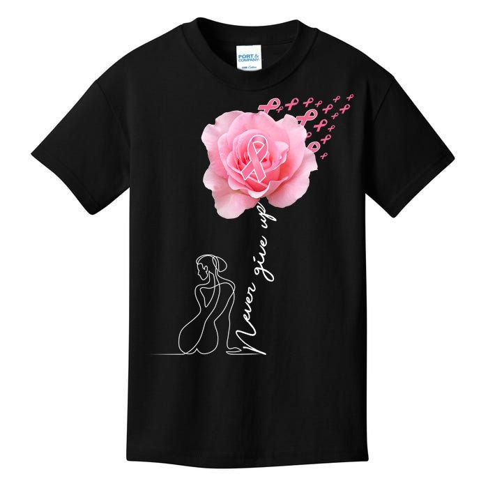 Never Give Up Breast Cancer Rose Kids T-Shirt